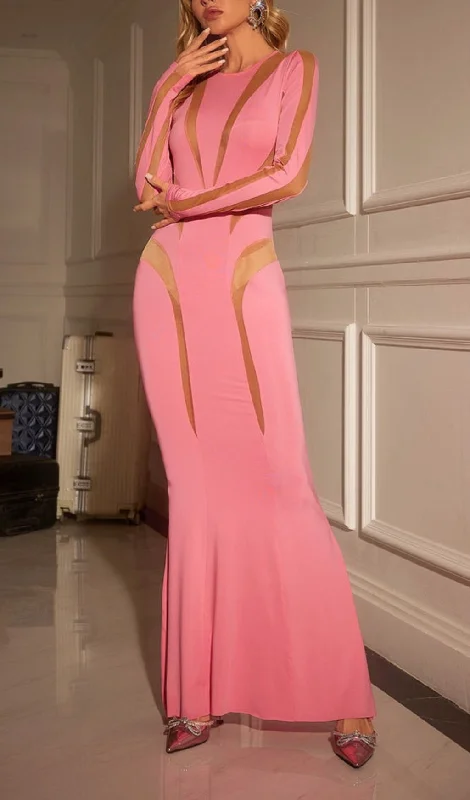 LONG SLEEVE MESH BODYCON MAXI DRESS IN PINK Comfortable Fit-and-Flare Maxi Dress