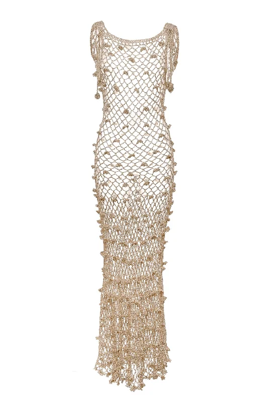 Malva Metallic Handmade Crochet Maxi Dress Stylish Pleated A-Line Maxi Dress