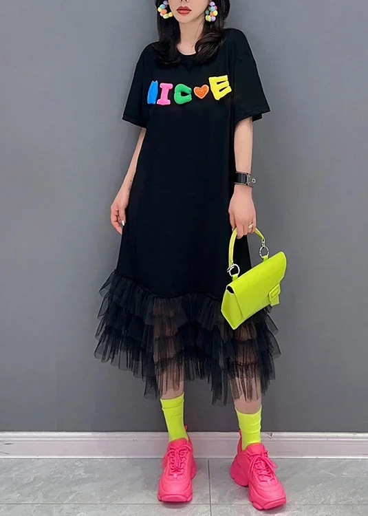 Modern Black Graphic Print Tulle Patchwork Maxi Dresses Summer Stylish Maxi Dress with Frills