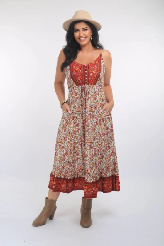 Ombak Sassy Strappy Summer Maxi Dress Red Floral S/M Cozy Cold-Shoulder Maxi Dress
