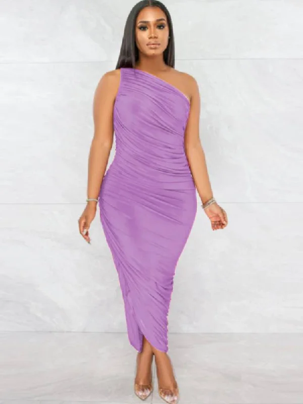 One Shoulder Sleeveless Ruched Maxi Dresses Comfortable Maxi Dress with Sleeves