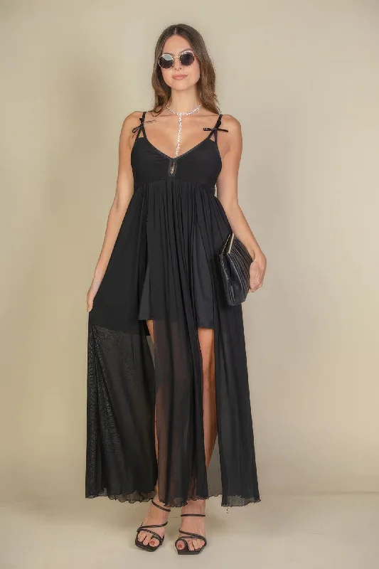Paula's Plunge Neck Split Thigh Mesh Maxi Dress Elegant Maxi Dress with Ruffles