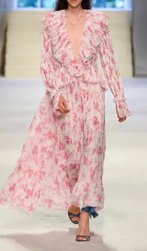 RUFFLED FLORAL-PRINT PLISSÉ-CHIFFON MAXI DRESS Elegant Maxi Dress with Belt