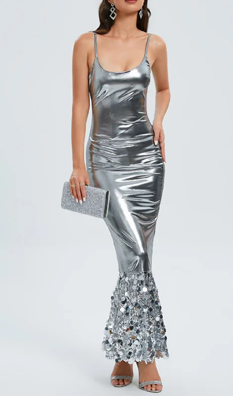 SEQUIN FLUTED MAXI DRESS IN SILVER Elegant Lace Maxi Dress