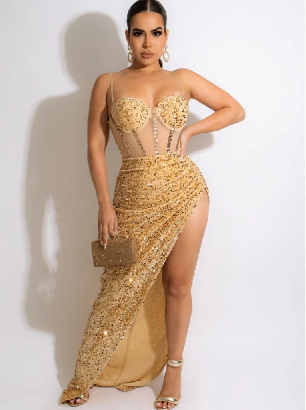 Sequins Velvet Sleeveless Split Maxi Dresses Fashionable Open-Back Maxi Dress