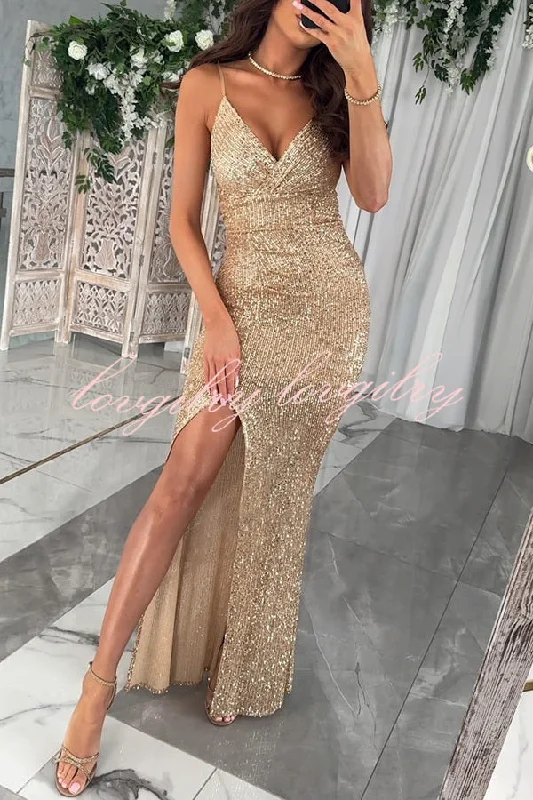 Look At The Bright Sequin V-neck Strap Slit Stretch Maxi Dress Comfortable Long-Sleeve Maxi Dress Look At The Bright Sequin V-neck Strap Slit Stretch Maxi Dress Comfortable Long-Sleeve Maxi Dress