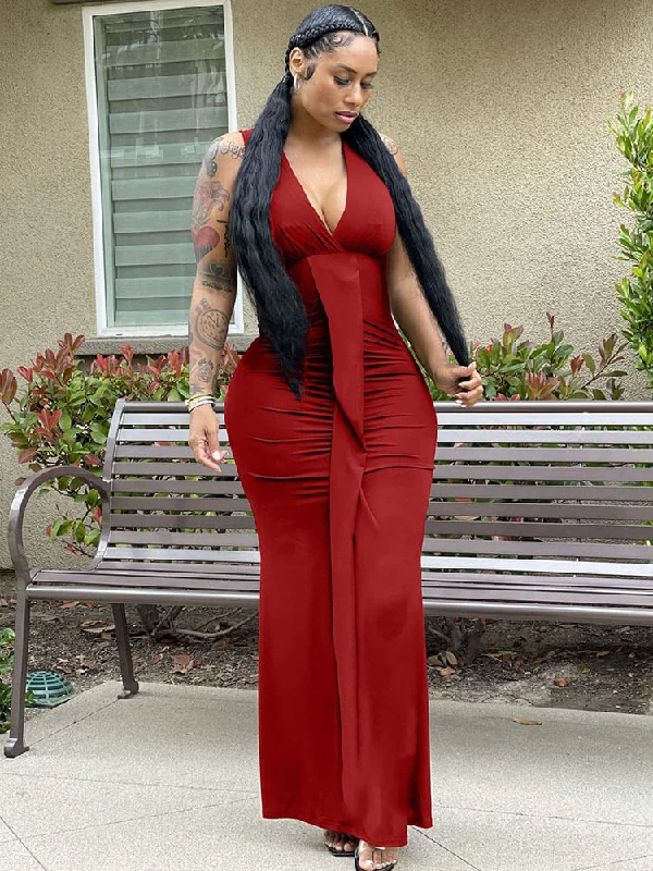 Sleeveless V Neck High Waist Maxi Dresses Cozy Wrap Maxi Dress