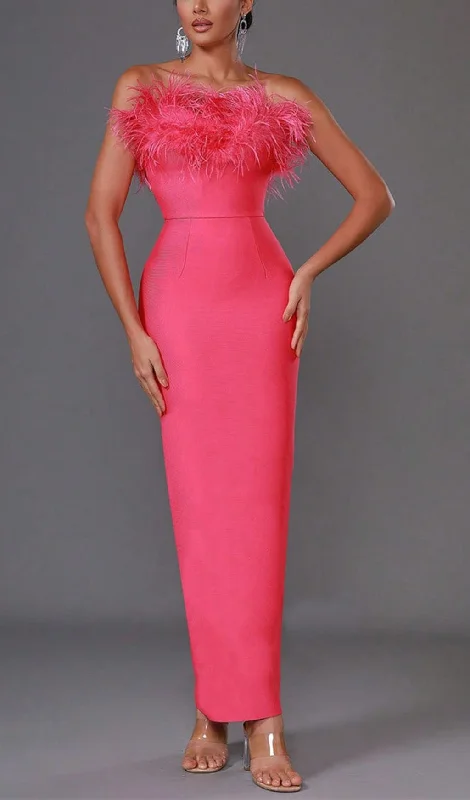 STRAPLESS OSTRICH FEATHER BANDAGE MAXI DRESS Trendy V-Neck Maxi Dress