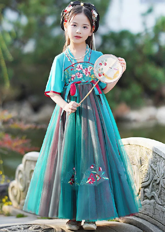 Stylish Green V Neck Embroideried Kids Maxi Dresses Summer Elegant Maxi Dress with Drapes