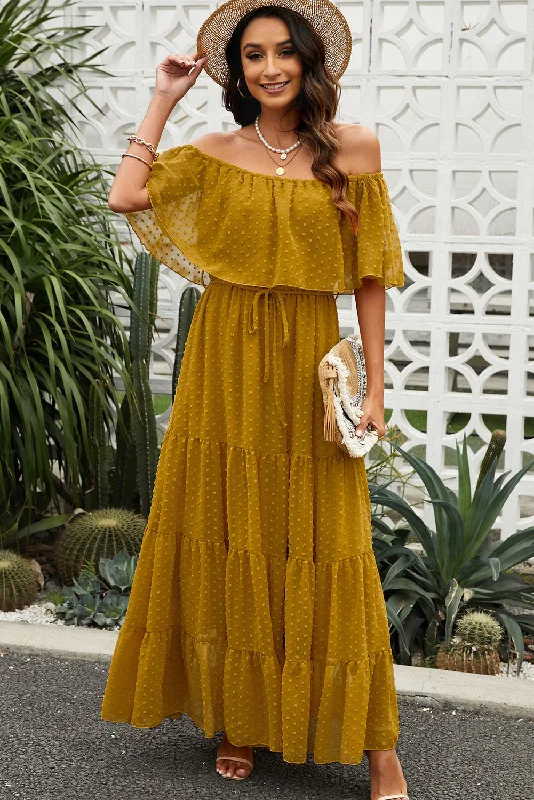 Swiss Dot Off-Shoulder Tiered Maxi Dress Elegant Sleeveless Maxi Dress