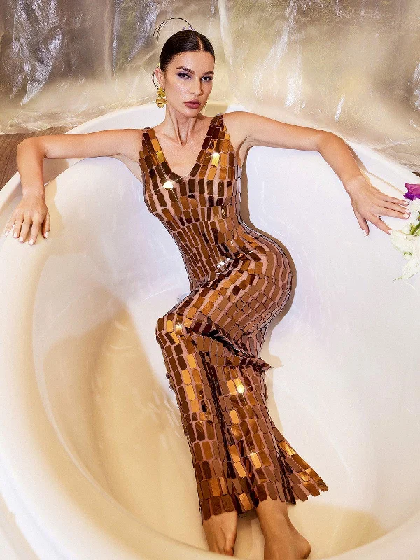 Thiago V Neck Acrylic Mesh Maxi Dress Comfortable Plunging Neckline Maxi Dress
