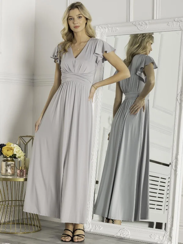Bette Bridesmaid Twist Waist Maxi Dress, Sliver Grey Fashionable Asymmetrical Maxi Dress Bette Bridesmaid Twist Waist Maxi Dress, Sliver Grey Fashionable Asymmetrical Maxi Dress