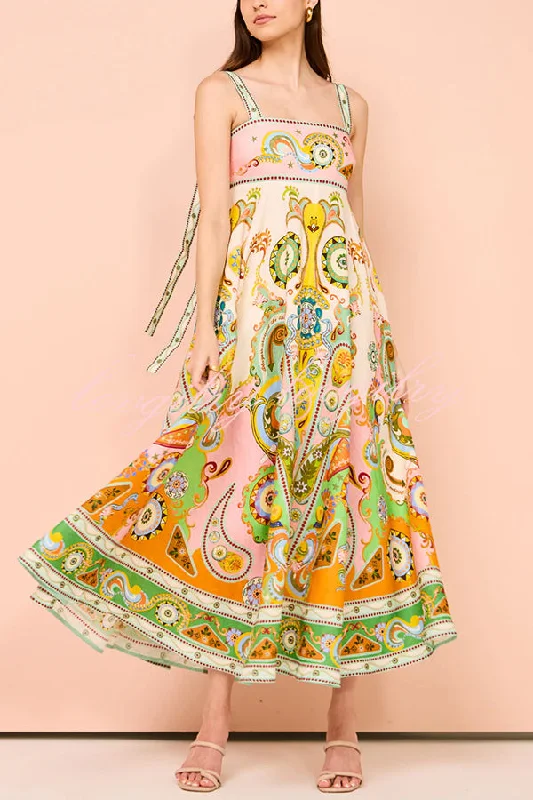 Summer Serenade Linen Blend Unique Print Tie-up Strap Smocked Pocketed Maxi Dress Comfortable Fit-and-Flare Maxi Dress