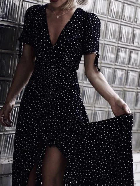 VINTAGE DOT BACKLESS V-NECK MAXI DRESS Comfortable Ruffle Hem Maxi Dress
