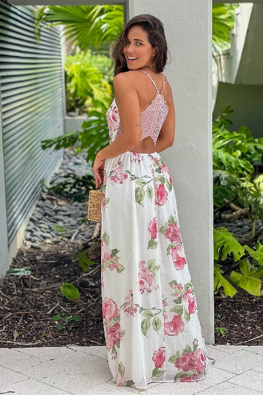 White And Fuchsia Floral Maxi Dress With Lace Back Elegant Maxi Dress with Drapes