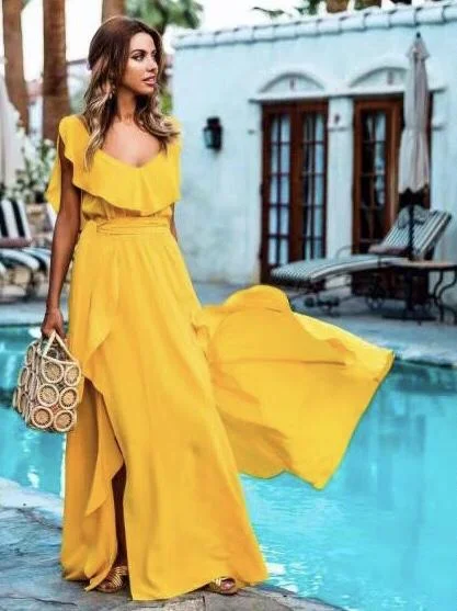 Yellow Suspender Evening Dress Sexy Bodycon Maxi Dress Stylish Boho Chic Maxi Dress