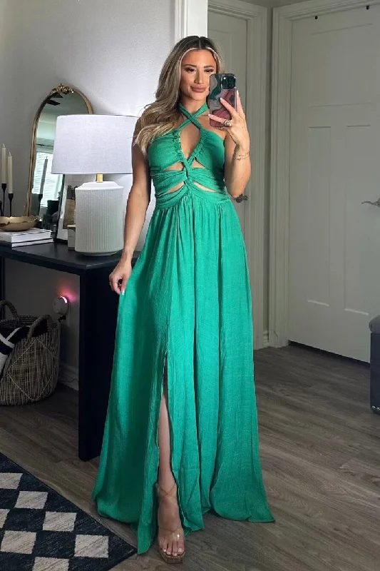 Your Place or Mine Halter Maxi Dress: Green Classic Strapless Maxi Dress