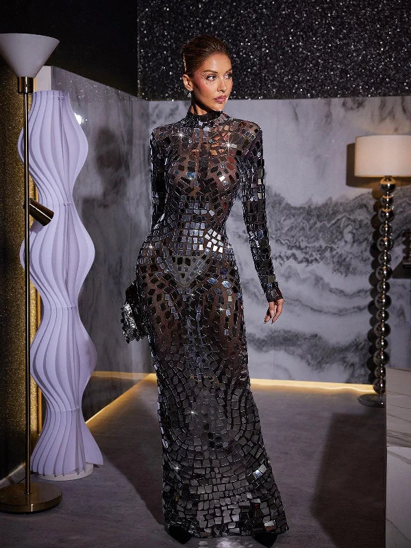 Zain Long Sleeve Acrylic Mesh Maxi Dress Trendy Short Sleeve Maxi Dress
