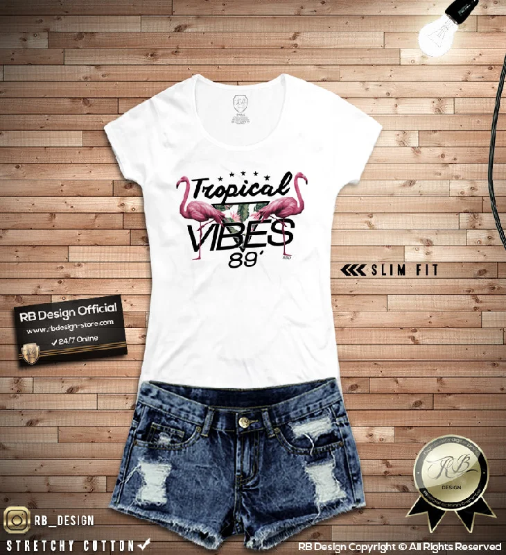 Ladies Graphic Top Tropical Vibes 89' Fresh Flamingo T-shirt WD356 Fitted T-Shirt Seamless Stretchy