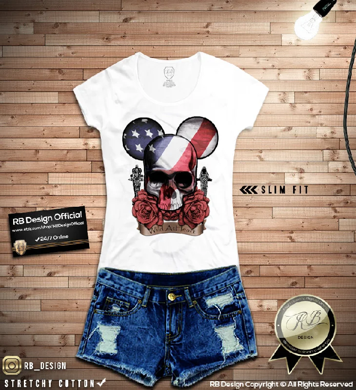 Mickey Skull Women T-shirt USA Flag RB Design Tank Top WD106 Collared Crew Neck Turtle Neck Mickey Skull Women T-shirt USA Flag RB Design Tank Top WD106 Collared Crew Neck Turtle Neck