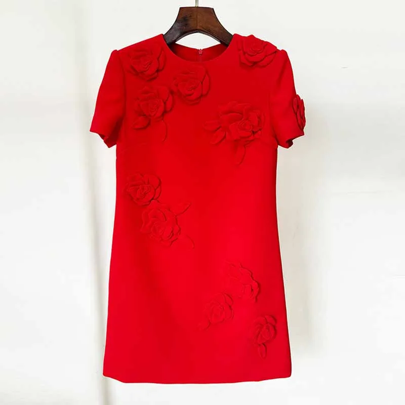 3D Flower Embellished Mini Dress in Red Fashionable Boho-Chic Mini Dress