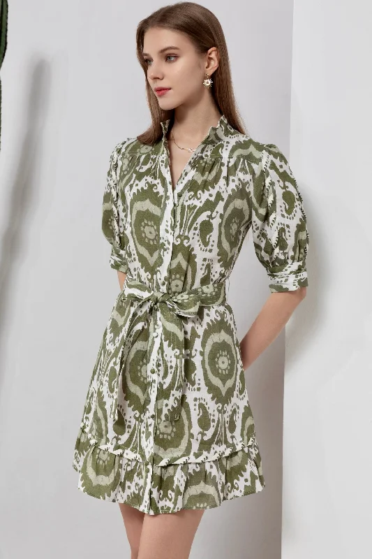Ada Linen Mini Dress - Khaki Casual V-Neck Mini Dress