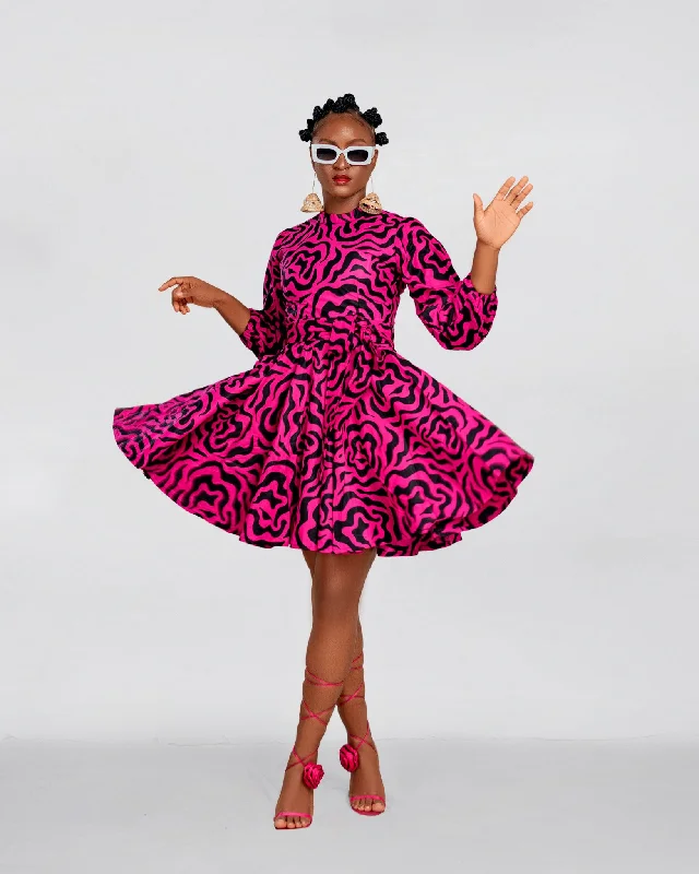 Anna Ankara Mini Dress | Pink and Black African Print Chic Puff Sleeve Mini Dress