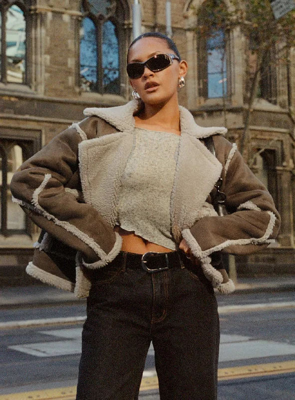 Arexie Shearling Trim Jacket Natural Welt Pockets Slit Pockets Flap Pockets