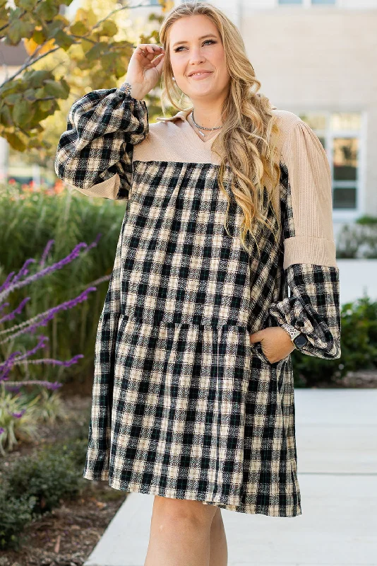 Blue Zone Planet | Black Plaid Waffle Knit Patchwork Collared V Neck Plus Size Mini Dress Stylish Short-Sleeve Mini Dress Blue Zone Planet | Black Plaid Waffle Knit Patchwork Collared V Neck Plus Size Mini Dress Stylish Short-Sleeve Mini Dress