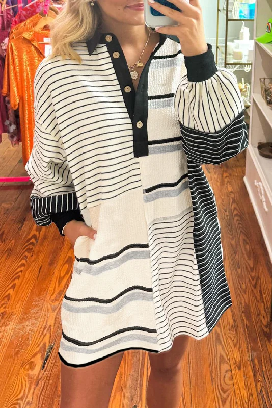 Blue Zone Planet | Black Stripe Colorblock Knit Henley Collar Shift Long Sleeve Mini Dress Fashionable A-Line Mini Dress Blue Zone Planet | Black Stripe Colorblock Knit Henley Collar Shift Long Sleeve Mini Dress Fashionable A-Line Mini Dress