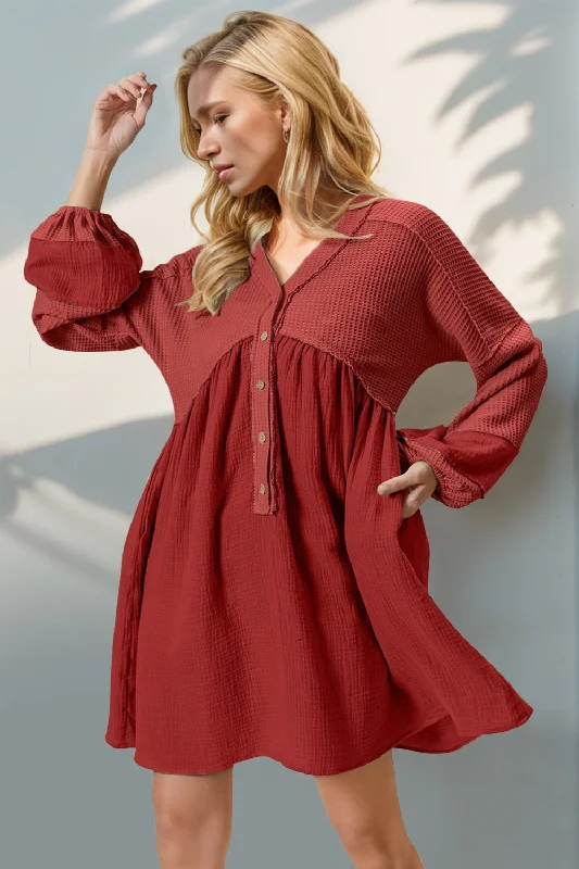 Blue Zone Planet | Double Take Waffle-Knit Contrast Half Button V-Neck Long Sleeve Mini Dress Comfortable Shift Mini Dress Blue Zone Planet | Double Take Waffle-Knit Contrast Half Button V-Neck Long Sleeve Mini Dress Comfortable Shift Mini Dress