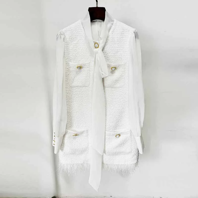 Bow Detail Feather-Trim Tweed Mini Dress in White Casual High-Waist Mini Dress