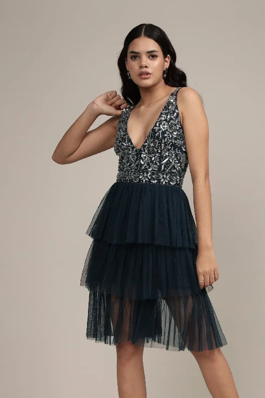 Builda Embellished Mini Dress in Navy Stylish Puff Sleeve Mini Dress