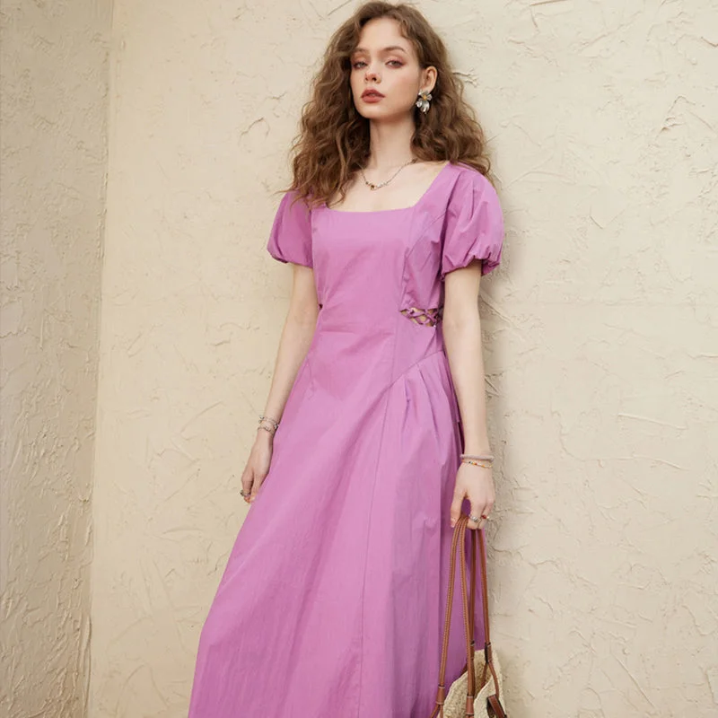Chic Summer A-Line Mini Dress with Square Collar Stylish Puff Sleeve Mini Dress