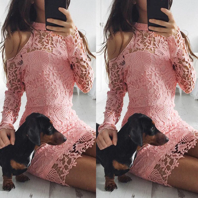 Cold Shoulder Lace Long Sleeve Pink Party Evening Short Mini Dress Trendy Tie-Dye Mini Dress Cold Shoulder Lace Long Sleeve Pink Party Evening Short Mini Dress Trendy Tie-Dye Mini Dress
