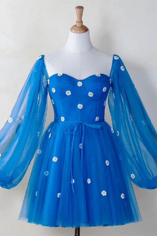 Daisy Embroiderd Blue Puffy Sleeves Mini Dress Cozy Wraparound Mini Dress