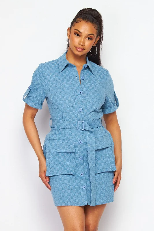 I Need You Now Cargo Button Down Denim Mini Dress Stylish Puff Sleeve Mini Dress