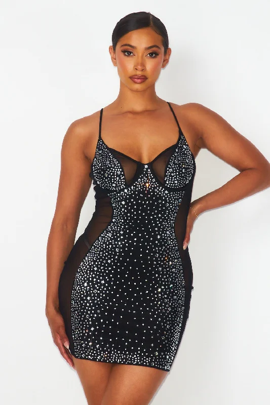 Kelsea Nylon Mesh Rhinestone Bodycon Mini Dress Comfortable Fit-and-Flare Mini Dress Kelsea Nylon Mesh Rhinestone Bodycon Mini Dress Comfortable Fit-and-Flare Mini Dress