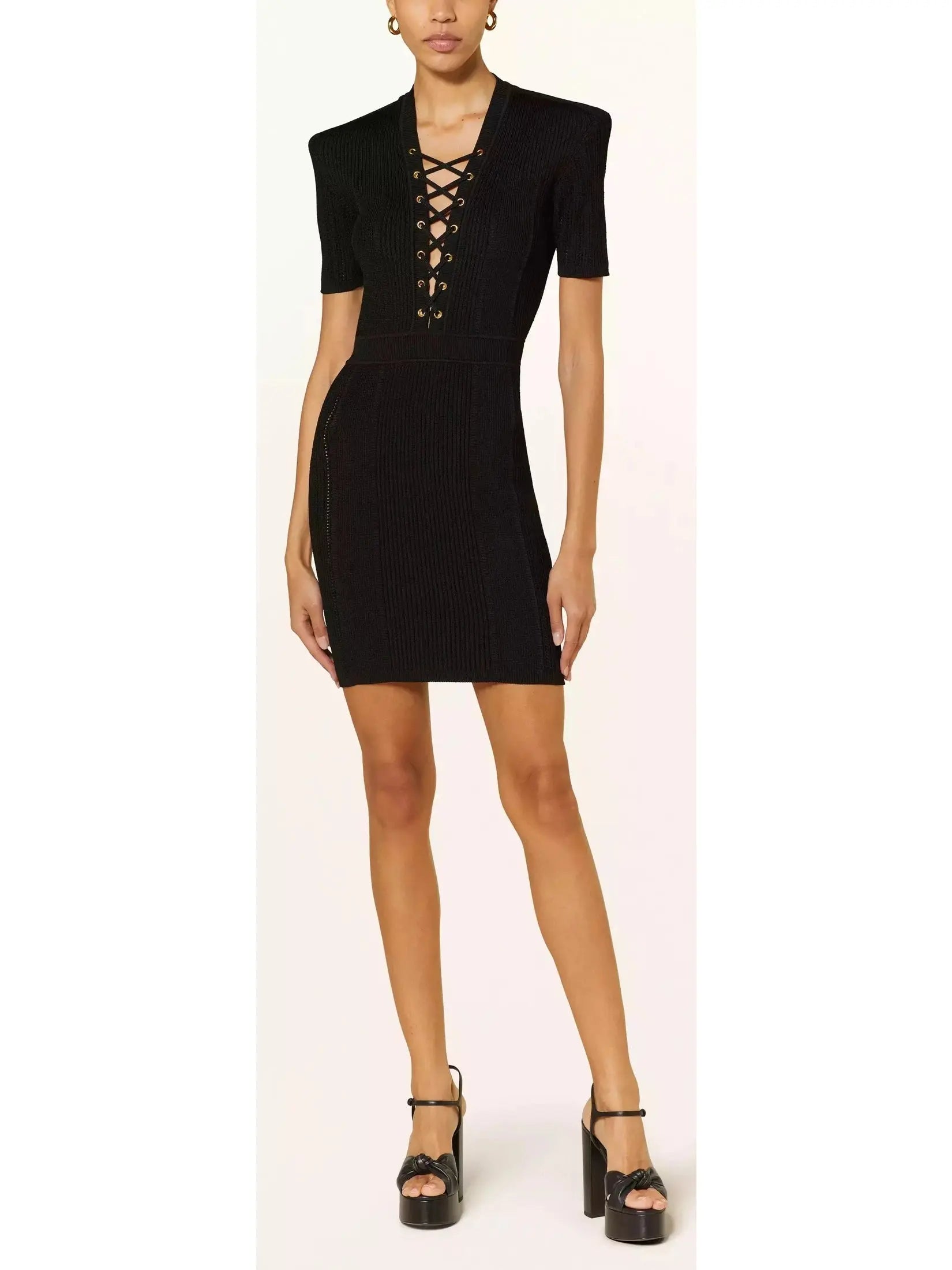 Lace-Up Ribbed Knit Black Mini Dress Stylish Puff Sleeve Mini Dress