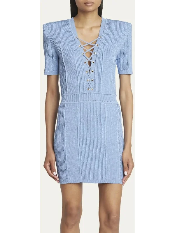 Lace-Up Ribbed Knit Blue Mini Dress Cozy Cotton Mini Dress