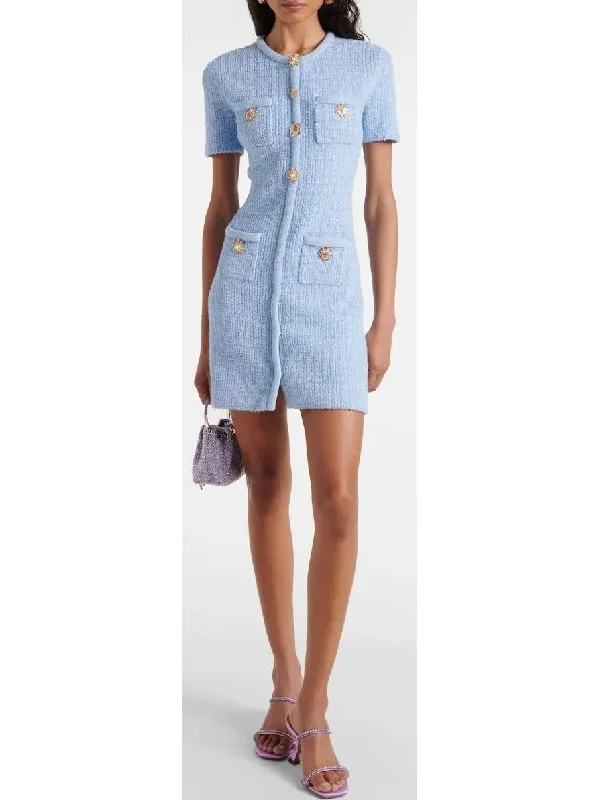 Light Blue Jewel-Button Knit Mini Dress Elegant Silk Mini Dress