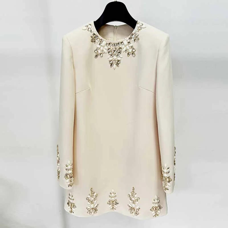 Long Sleeve Floral Crystal Mini Dress Comfortable Zip-Up Mini Dress