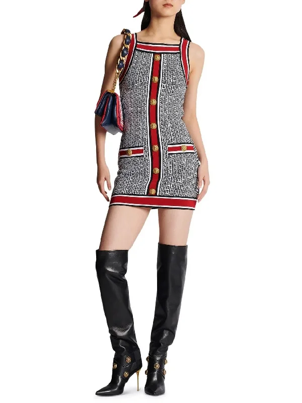 Monogram-Jacquard Knit Mini Dress Stylish Short Sleeve Mini Dress