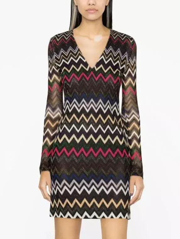 Multicolor Zig Zag Knit Metallic V-Neck Mini Dress Stylish Button-Down Mini Dress
