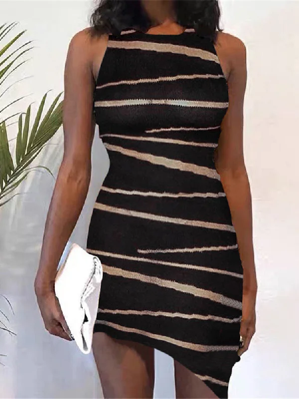 Bodycon Mini Dress Lace Striped Texture Slim Dress Casual Concise Sleeveless Women Casual Dresses Comfortable Wrap Mini Dress