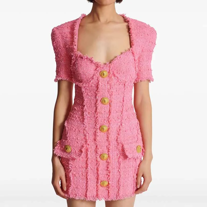 Pink Tweed Mini Dress with 7-Buttons Stylish Summer Mini Dress