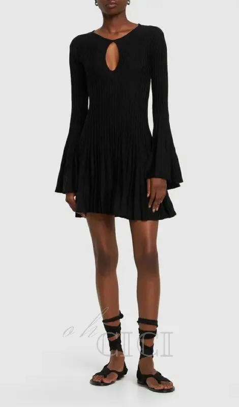 pleated wool knit long sleeve mini dress in black Stylish Ribbed Mini Dress
