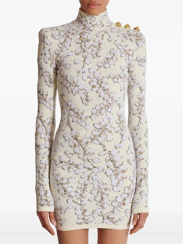 Printed Jacquard Knit Mock-Neck Mini Dress Cozy Jersey Mini Dress
