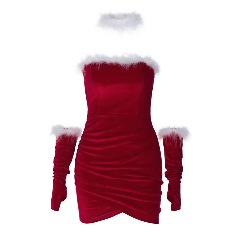 Ruched feather gloves backless tube mini dress Casual Button-Up Mini Dress