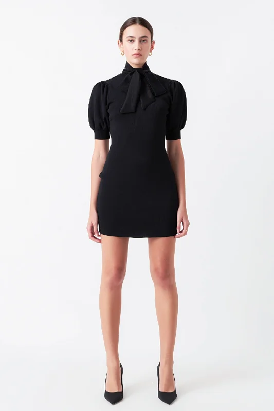 Endless Rose - Sheen Bow Tie Knit Mini Dress Cozy A-Line Mini Dress